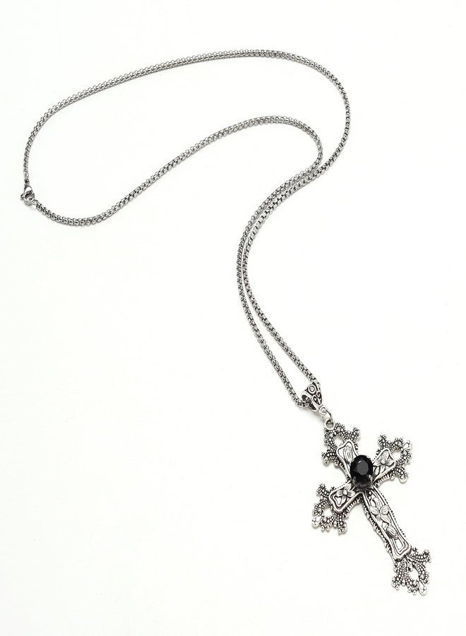 SHUS LIVE Gothic Cross Necklace Silver-Tone Pendant with Black Glass Stone, on 25” Steel Chain, Cross Necklace for Women, Large Goth Silver Cross Necklaces for Man, Big y2k Necklaces, Halloween Jewelry - Image 3